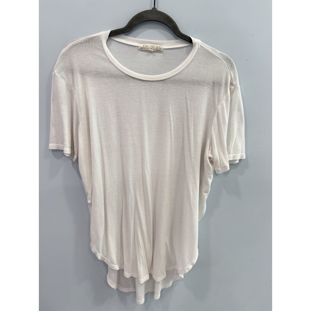 Joah Brown White Ribbed Tee One Size High Low Hem Stretch Casual Basic Top Shirt